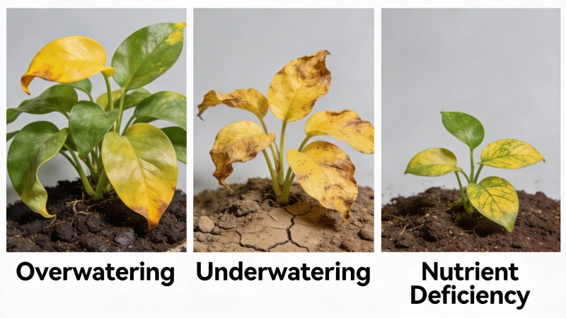 Different types of yellow leaves showing overwatering vs underwatering vs nutrient deficiency