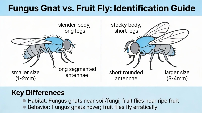 Fungus gnat compared to a fruit fly for identification
