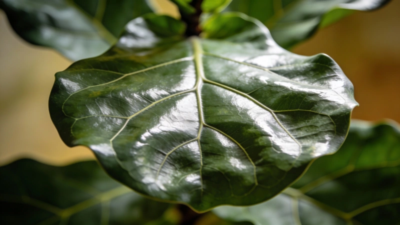 Close-up of fiddle leaf fig violin-shaped leaf showing glossy texture and veins - ficus lyrata leaf detail