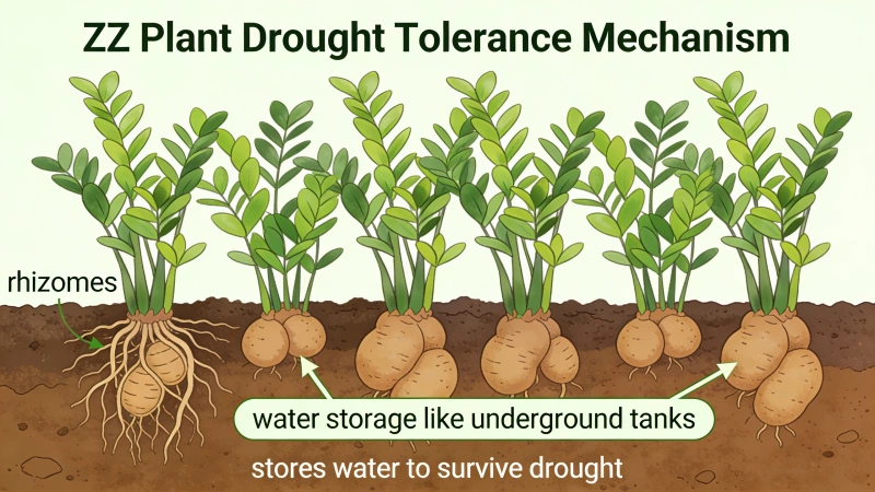 ZZ plant rhizomes showing potato-like underground water storage structures
