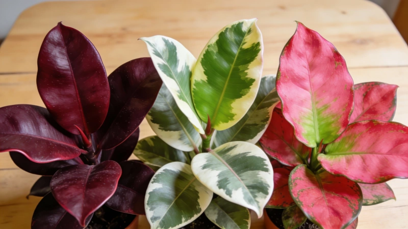 Rubber plant varieties including Burgundy, Tineke and Ruby showing leaf color differences