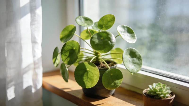 Chinese Money Plant positioned near an east-facing window with bright indirect light - proper Pilea light requirements
