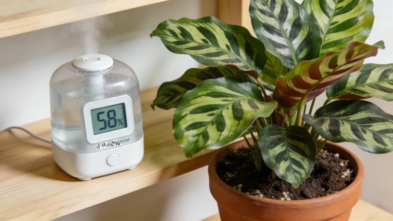 Calathea humidity setup with a small tabletop humidifier running beside the plant
