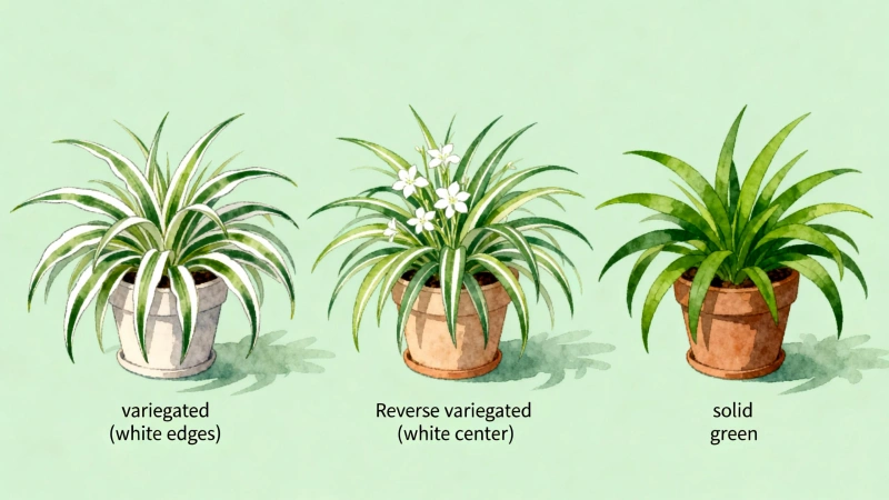 Common spider plant varieties: variegated (white edges), reverse variegated (white center), and solid green.