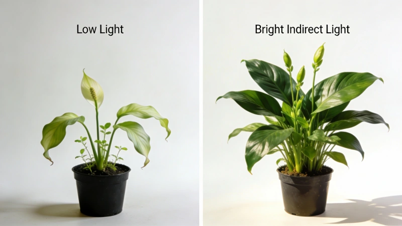 Side-by-side comparison of peace lily in low light vs bright indirect light showing growth difference