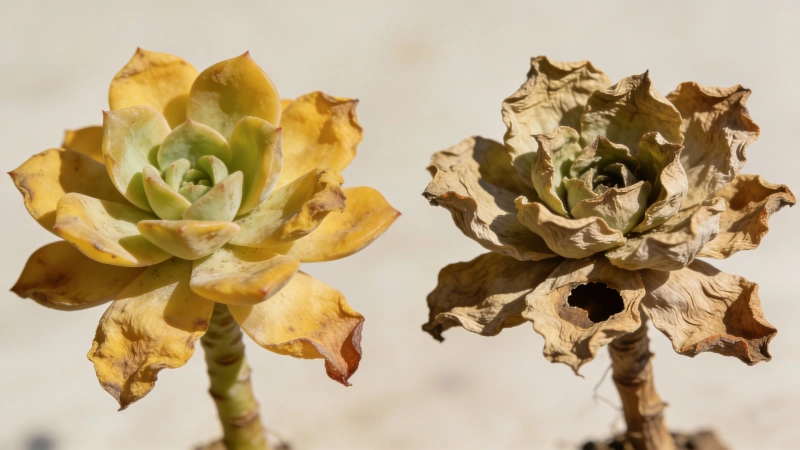 Overwatered succulent with yellow mushy leaves versus underwatered succulent with wrinkled leaves