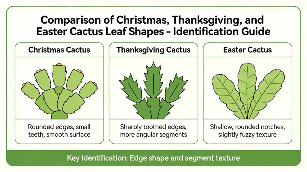 Comparison of Christmas, Thanksgiving, and Easter cactus leaf shapes - how to identify holiday cacti