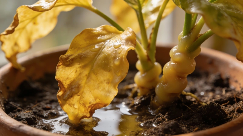 Yellow mushy leaves caused by overwatering a houseplant