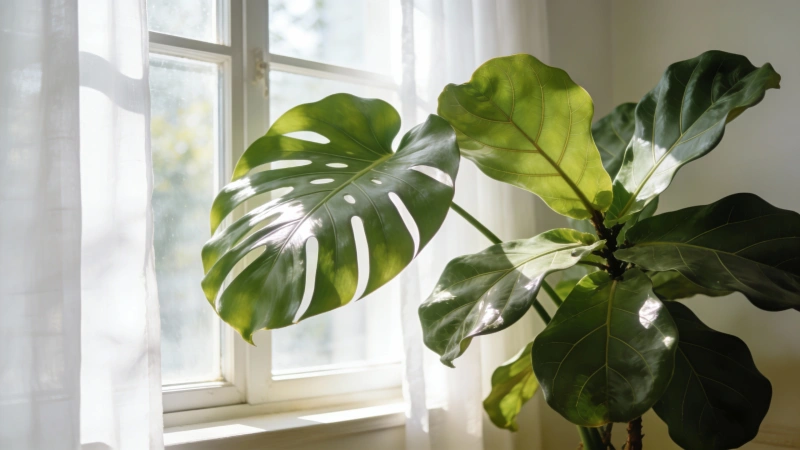 Fiddle leaf fig positioned next to a bright south-facing window with sheer curtains - optimal light placement