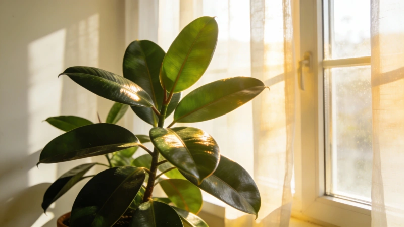 Rubber plant positioned near a bright window with filtered light showing ideal placement