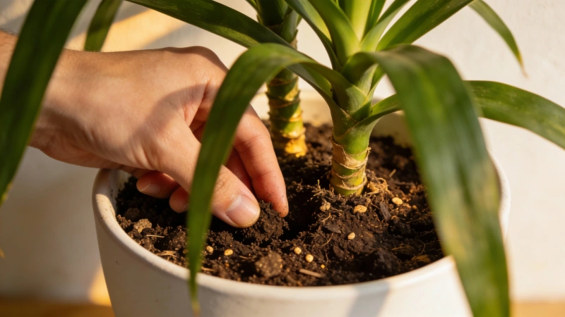 Checking Dracaena soil moisture by hand before watering