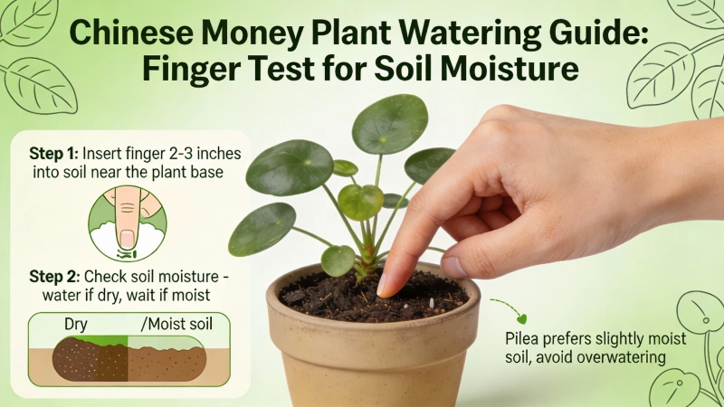 Finger testing soil moisture depth for Chinese Money Plant - how to know when to water Pilea