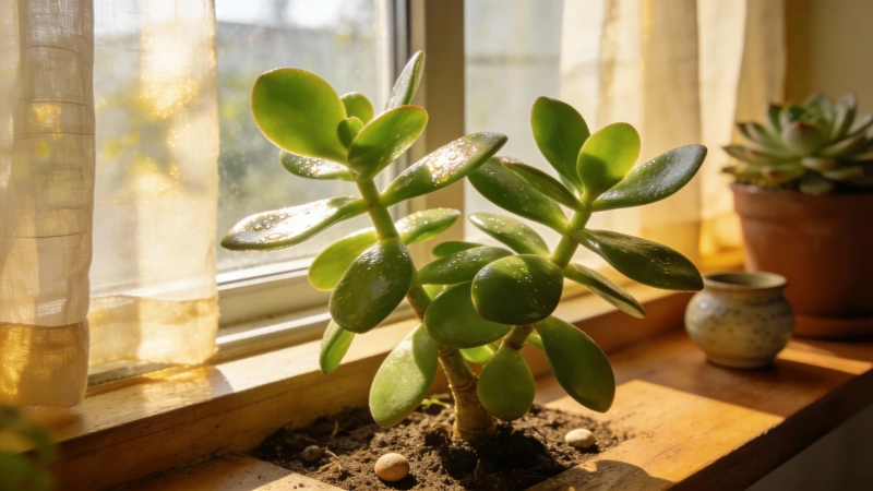 Jade plant near a south-facing window in bright light