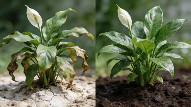 Peace lily with drooping leaves before watering compared to upright leaves after watering