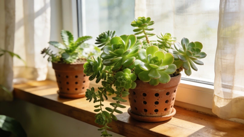 Succulents near a south-facing window in bright indirect light