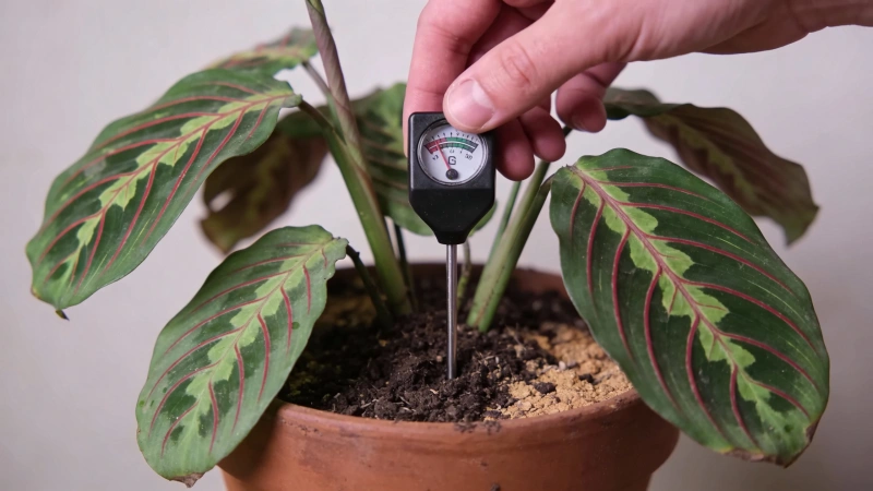 Checking soil moisture before watering prayer plant