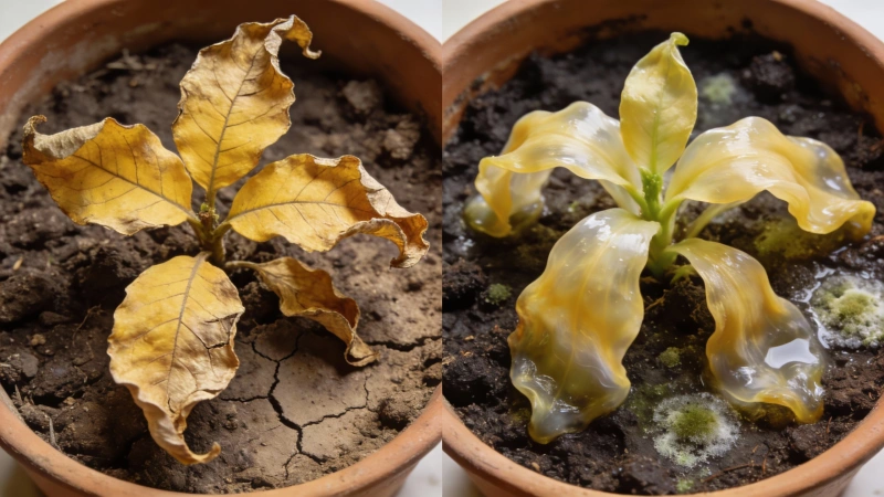 Underwatered crispy yellow leaves compared to overwatered soft yellow leaves