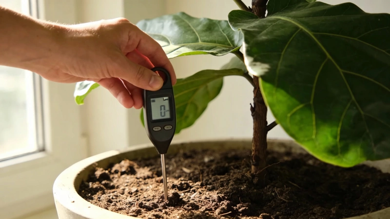 Using a moisture meter to check soil dryness before watering fiddle leaf fig plant