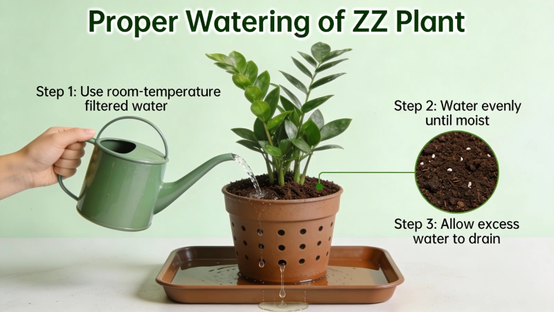 Watering a ZZ plant thoroughly until water drains from the bottom of the pot