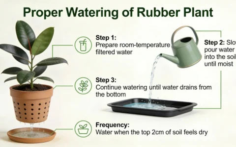 Properly watering a rubber plant until water drains from the bottom of the pot