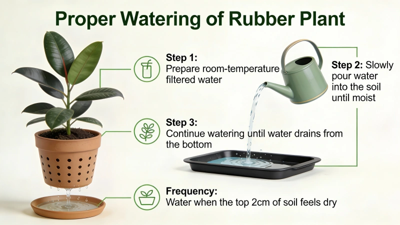Watering a rubber plant thoroughly until water drains from the bottom of the pot