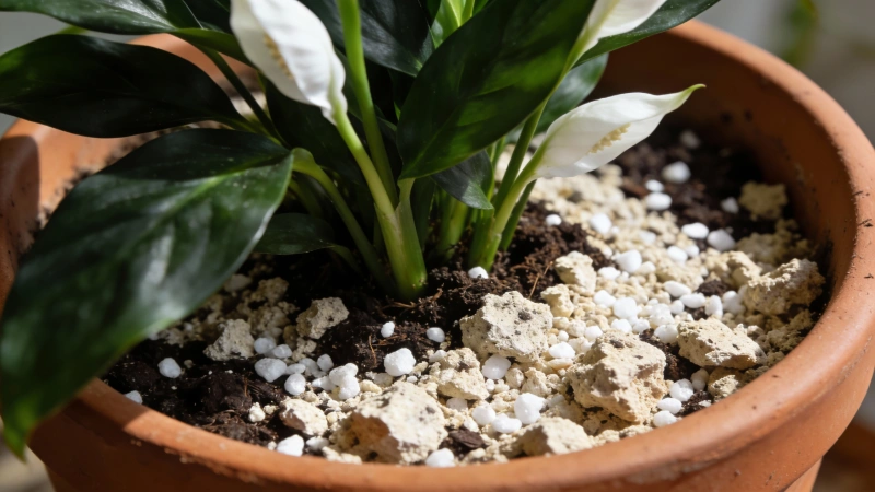 Well-draining potting soil mixed with perlite for peace lily planting