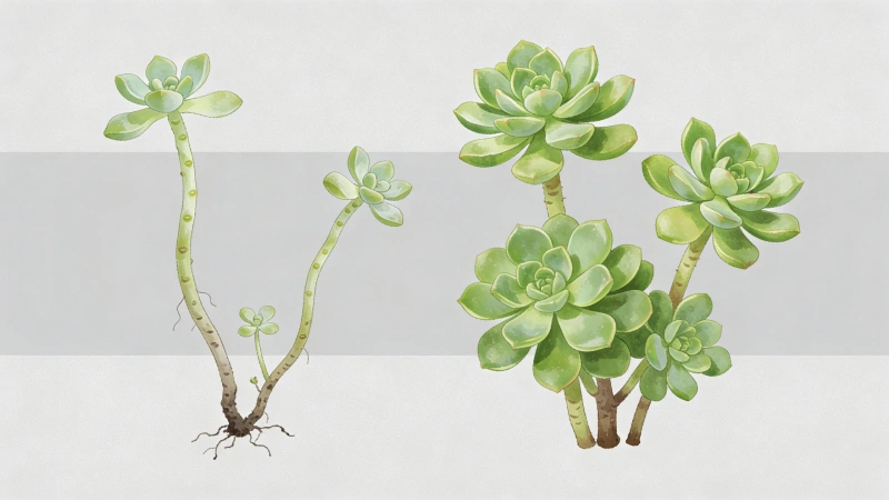 Etiolated stretched succulent versus healthy compact succulent growth