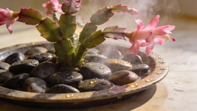 Christmas cactus on pebble tray for humidity - increasing humidity for houseplants