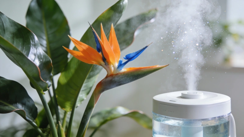 Bird of Paradise near humidifier for optimal humidity