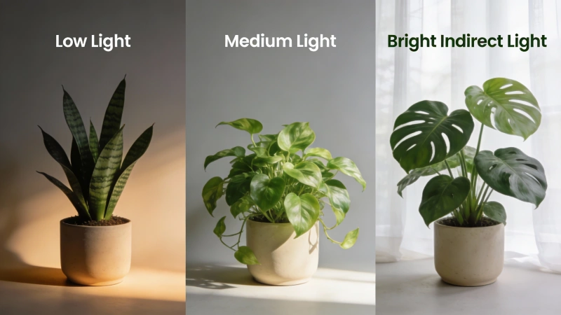 Different lighting conditions for houseplants from low light to bright indirect light