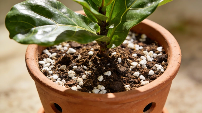 Well-draining soil mix with perlite in terracotta pot with drainage holes for fiddle leaf fig