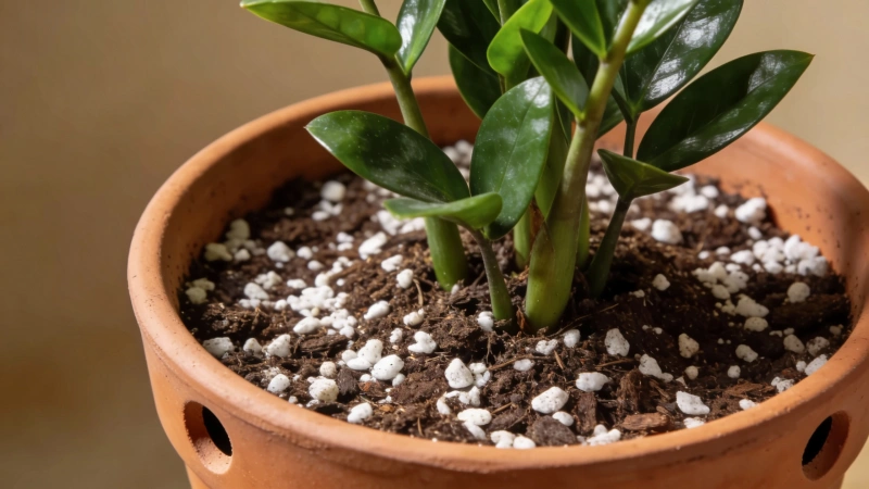 Well-draining soil mix with perlite in a terracotta pot with drainage holes for a ZZ plant