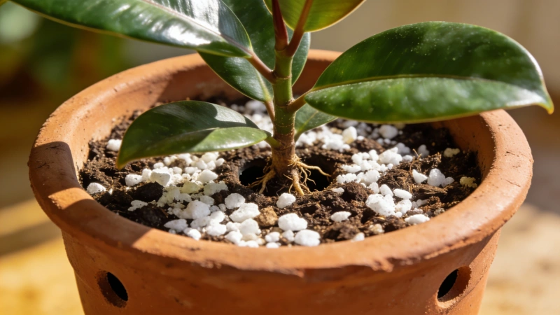 Well-draining soil mix with perlite and a terracotta pot with drainage holes for a rubber plant
