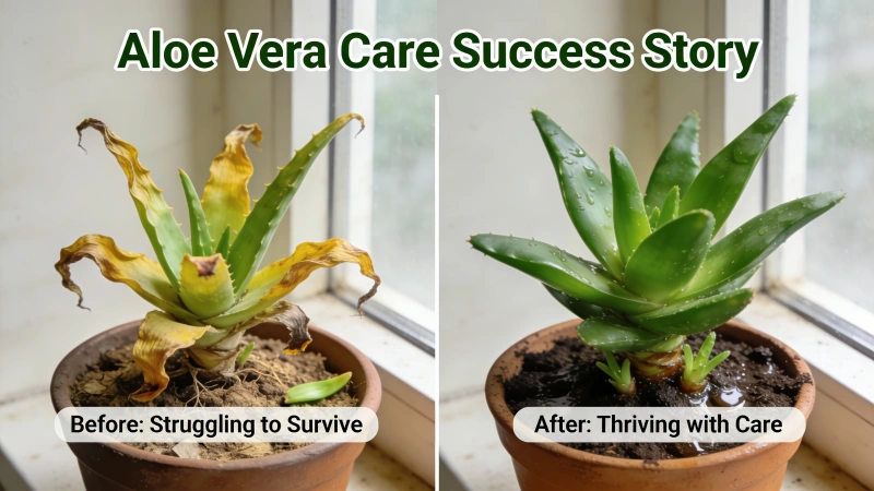 Before-and-after of a rescued aloe vera plant showing recovery progress
