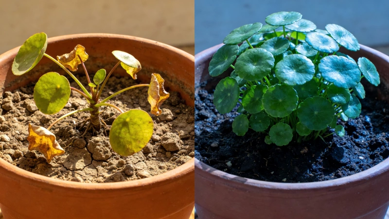 Before and after photos of Chinese Money Plant showing transformation from struggling to thriving