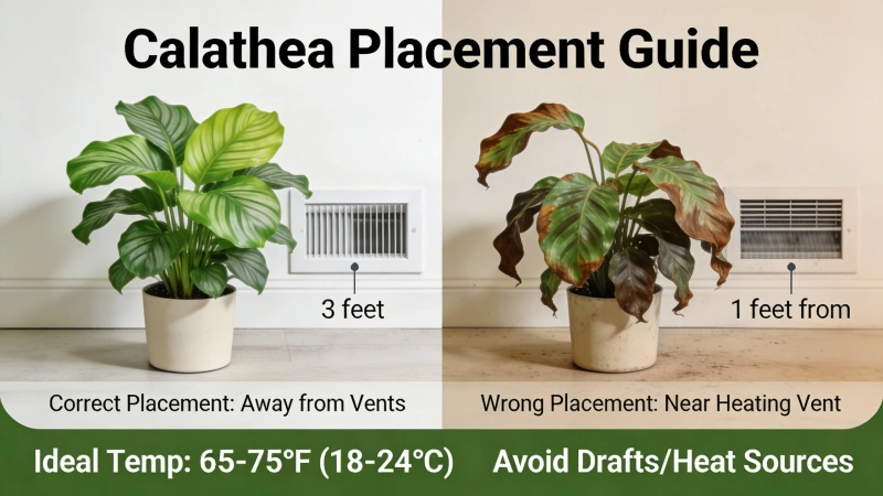 Correct Calathea placement away from a vent versus wrong placement near a heating vent