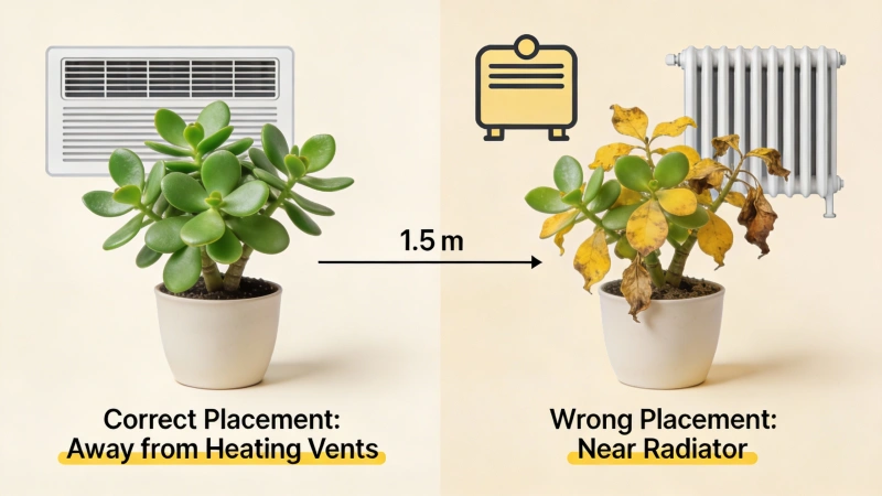 Correct jade plant placement away from a heating vent versus wrong placement near a radiator