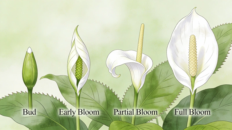 Peace lily flower development stages from bud to full white bloom