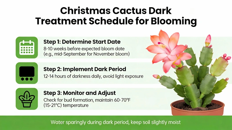 Infographic showing Christmas cactus dark treatment schedule for blooming - when to start dark period