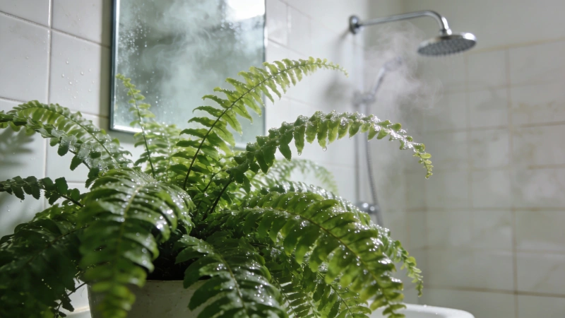 Boston fern thriving in bathroom humidity - ideal location