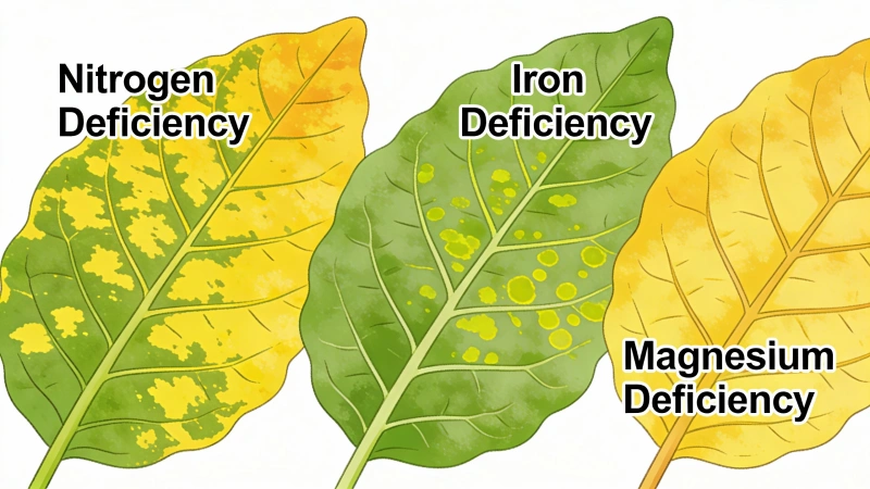 Nutrient deficiency patterns on leaves showing nitrogen, iron and magnesium deficiency