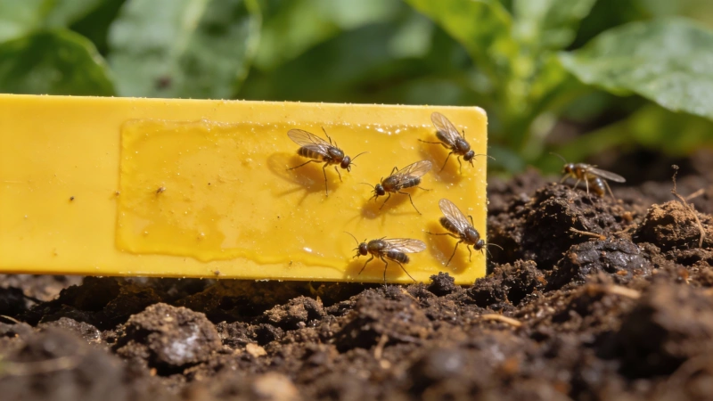 Yellow sticky trap placed near the soil surface to catch adult fungus gnats
