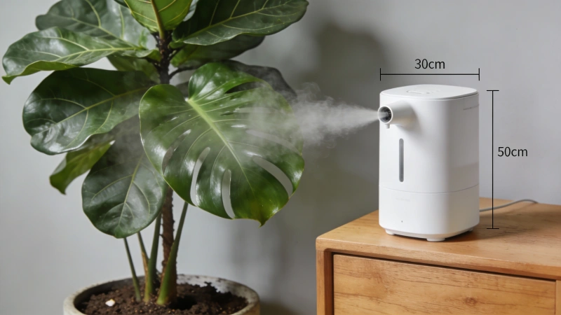 Humidifier positioned near fiddle leaf fig plant to maintain optimal humidity levels