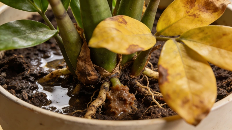 ZZ plant with yellow leaves showing signs of overwatering and root rot