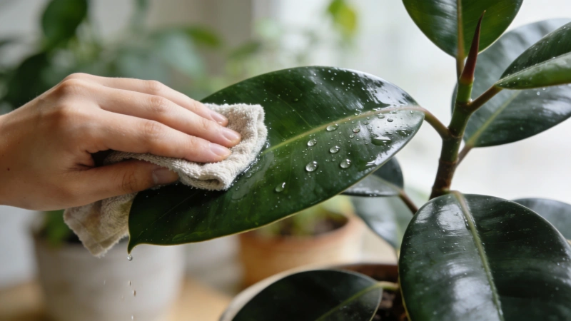 Wiping rubber plant leaves with a damp cloth to remove dust and keep them glossy