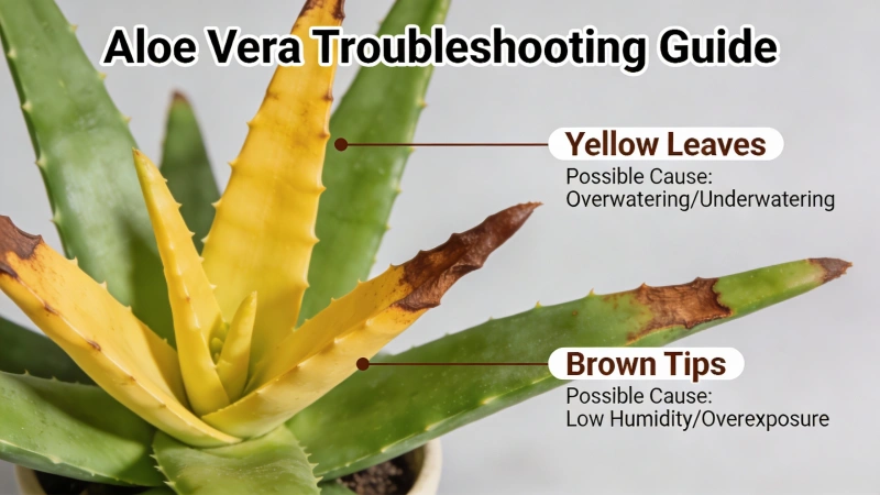 Aloe vera showing common problems including yellow leaves and brown tips