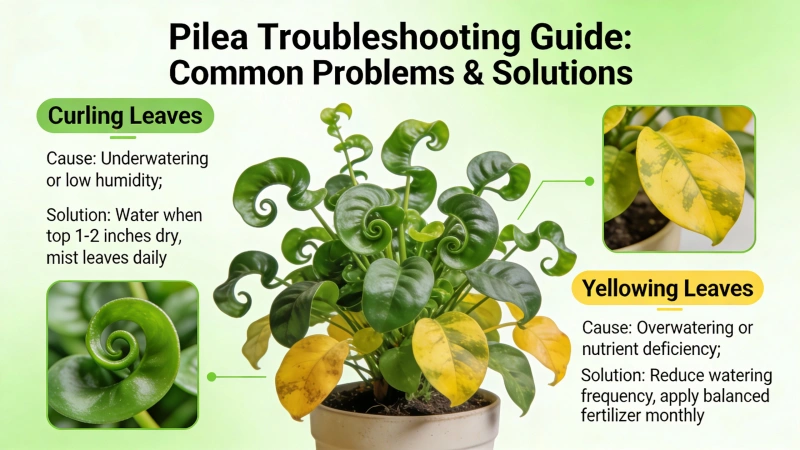 Chinese Money Plant showing common problems including curling leaves and yellowing - Pilea troubleshooting guide
