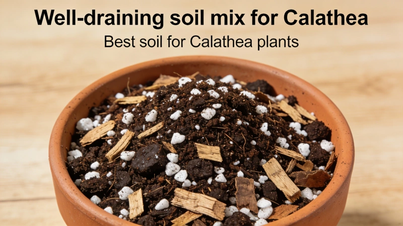 Well-draining Calathea soil mix showing potting soil, perlite and orchid bark