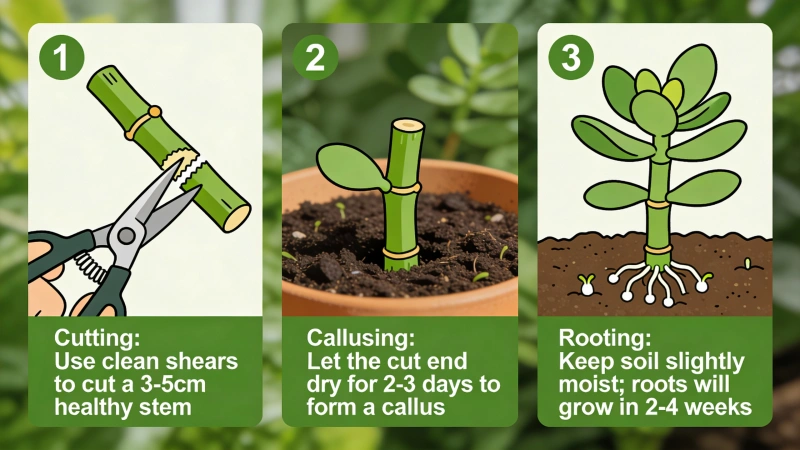 Jade plant stem cutting propagation: cutting, callusing and rooting