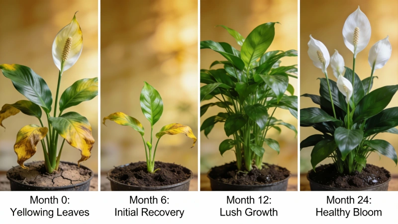Timeline photos showing peace lily recovery from yellowing to healthy blooming plant over 2 years